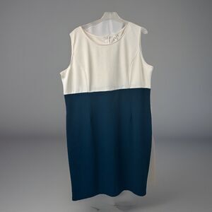 NY Collection Woman 14W Sleeveless Colorblock Sheath Dress Teal Blue White